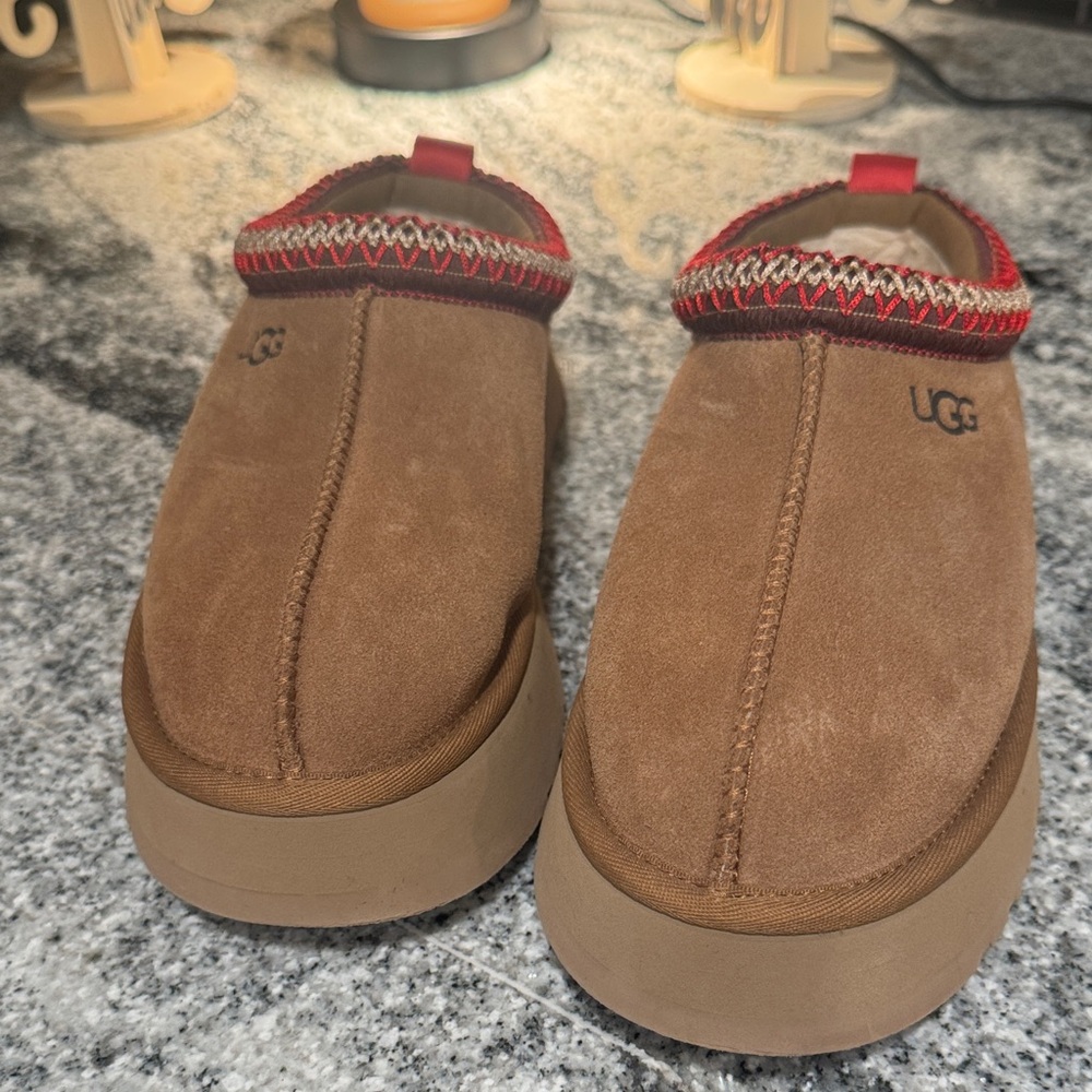 UGG Tan Suede Slip-Ons with Red Accents